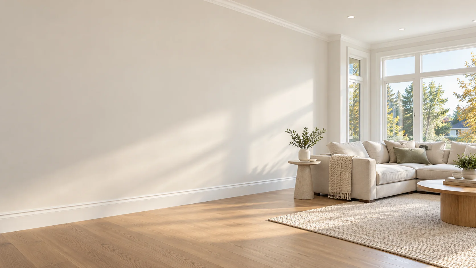 Illustrative freshly painted room with smooth warm-white walls, crisp trim, oak flooring and a cream sofa beside sunlit windows