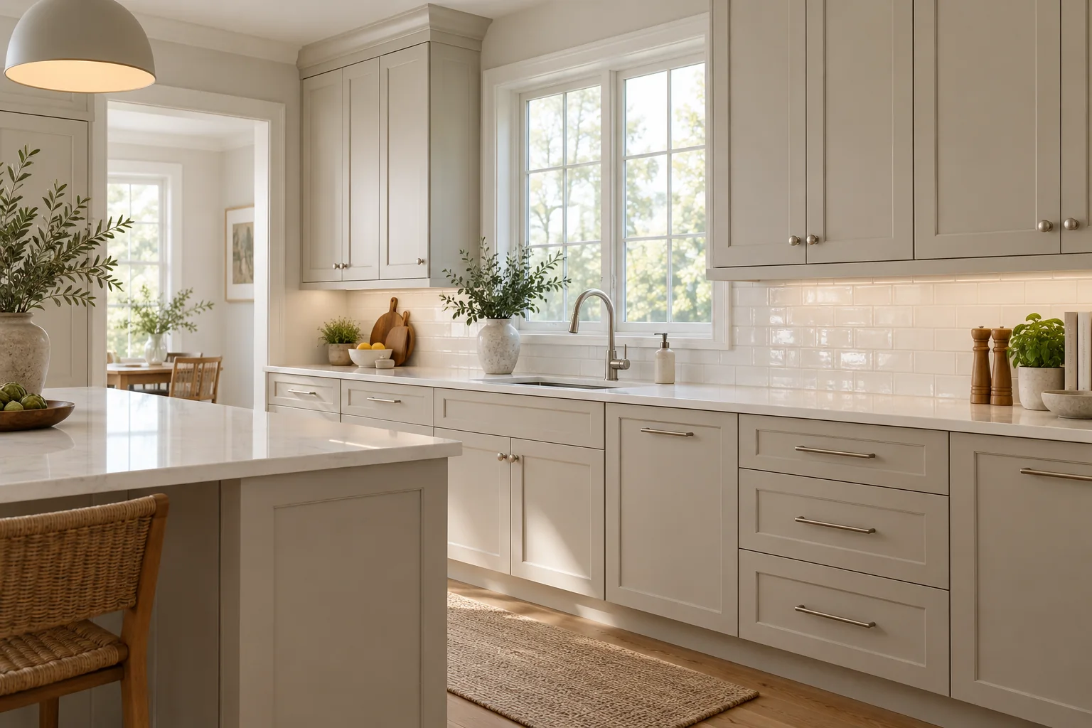 Smooth satin-painted Shaker kitchen cabinets with clean door and drawer details