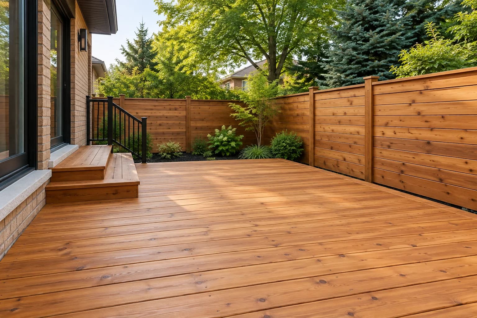 Freshly stained cedar deck and matching fence with visible natural wood grain