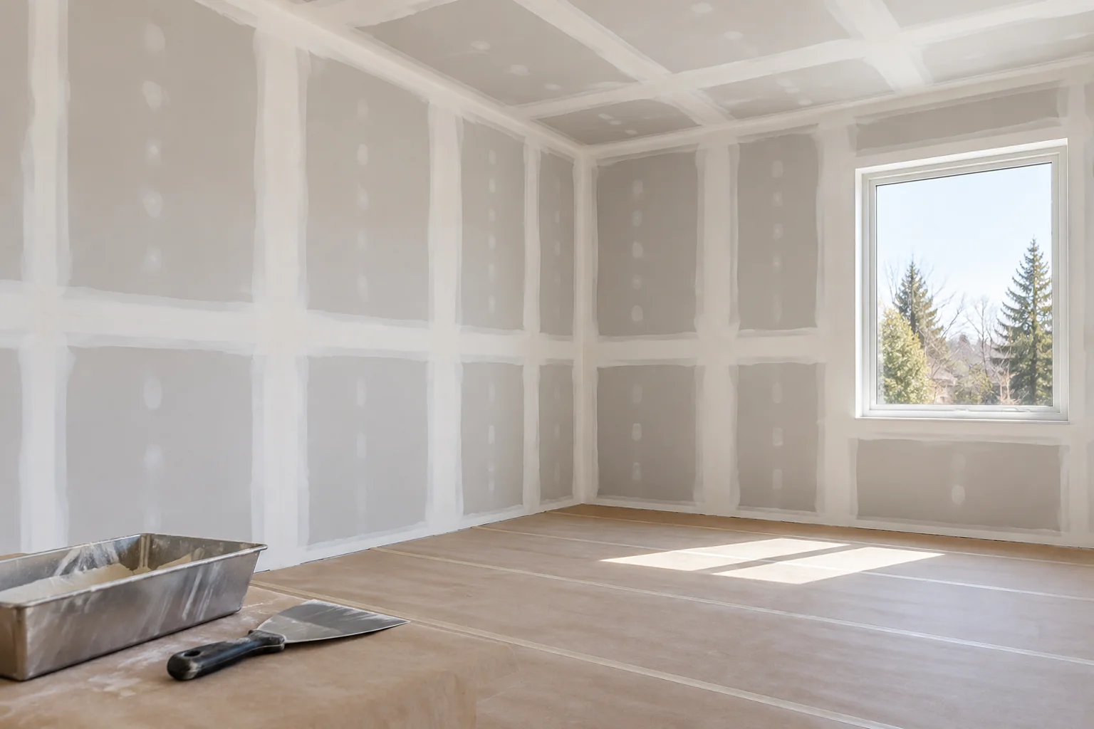 Empty room with straight taped drywall joints and smoothly feathered compound