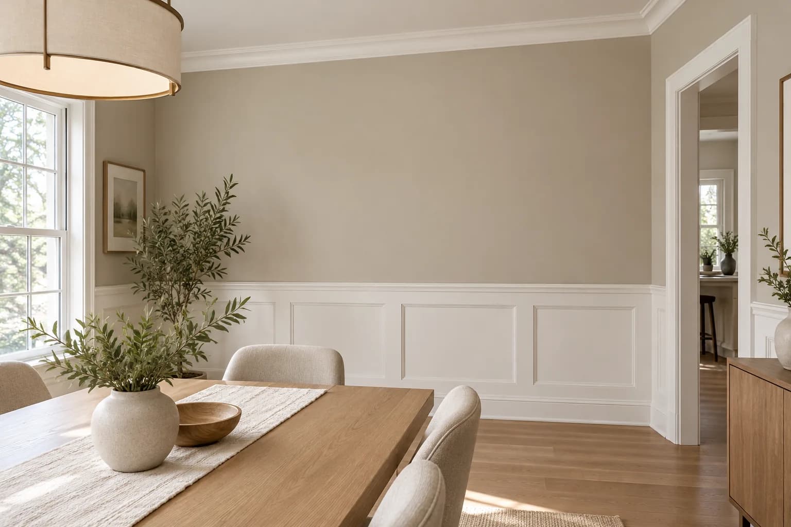 Warm greige dining-room walls, crisp white trim and a light oak floor