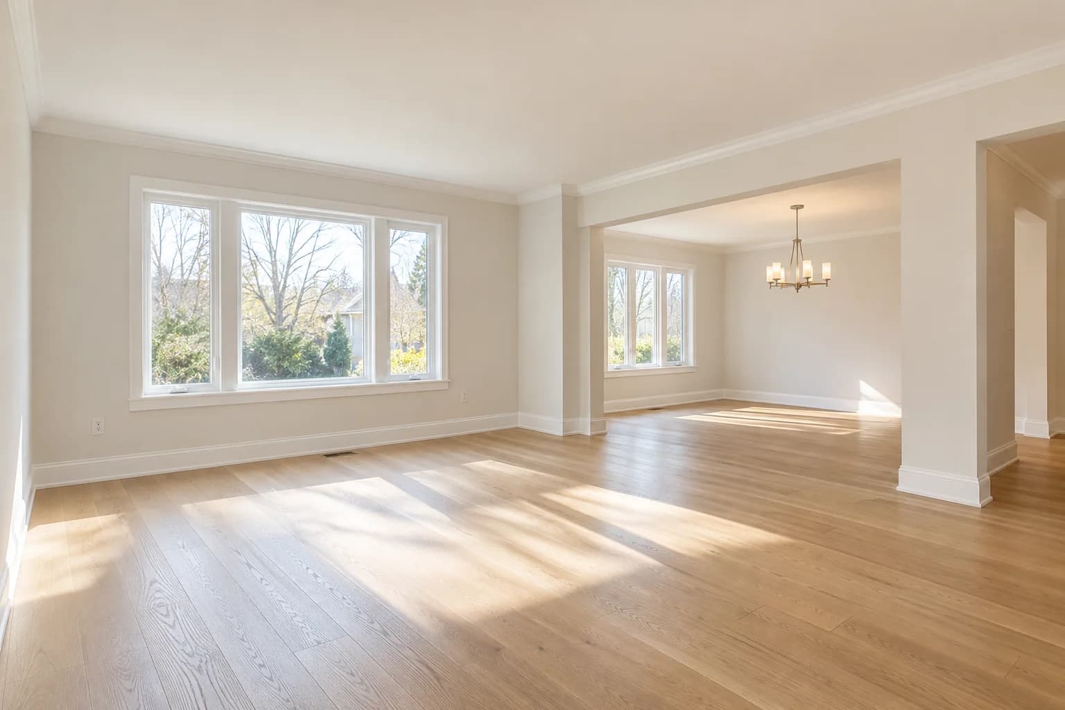 Pristine empty home with warm white painted walls, clean baseboards and oak floors