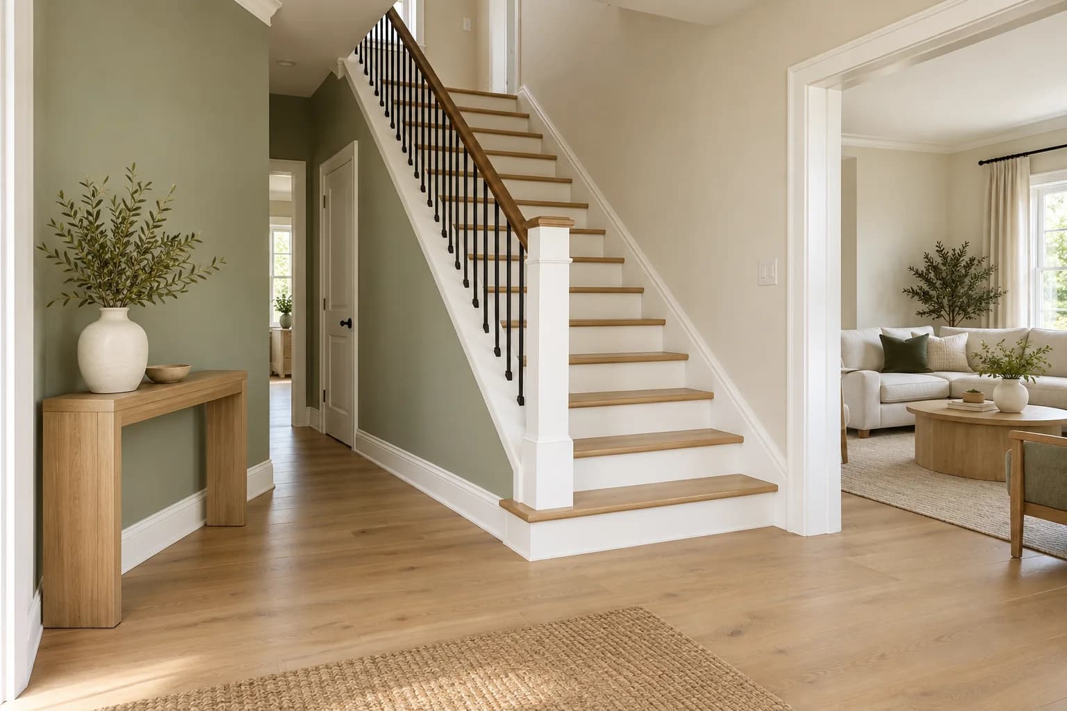 Freshly painted home foyer and staircase with soft neutral walls and crisp white trim